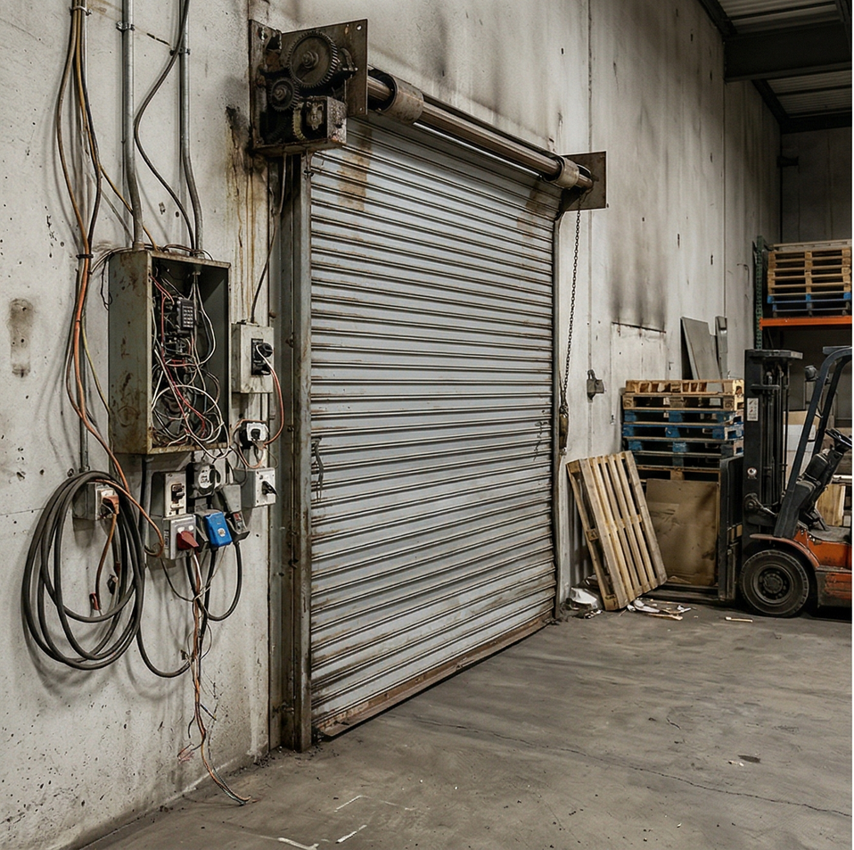 A metal rolling warehouse door beside an exposed electrical panel and a forklift parked on concrete floors.