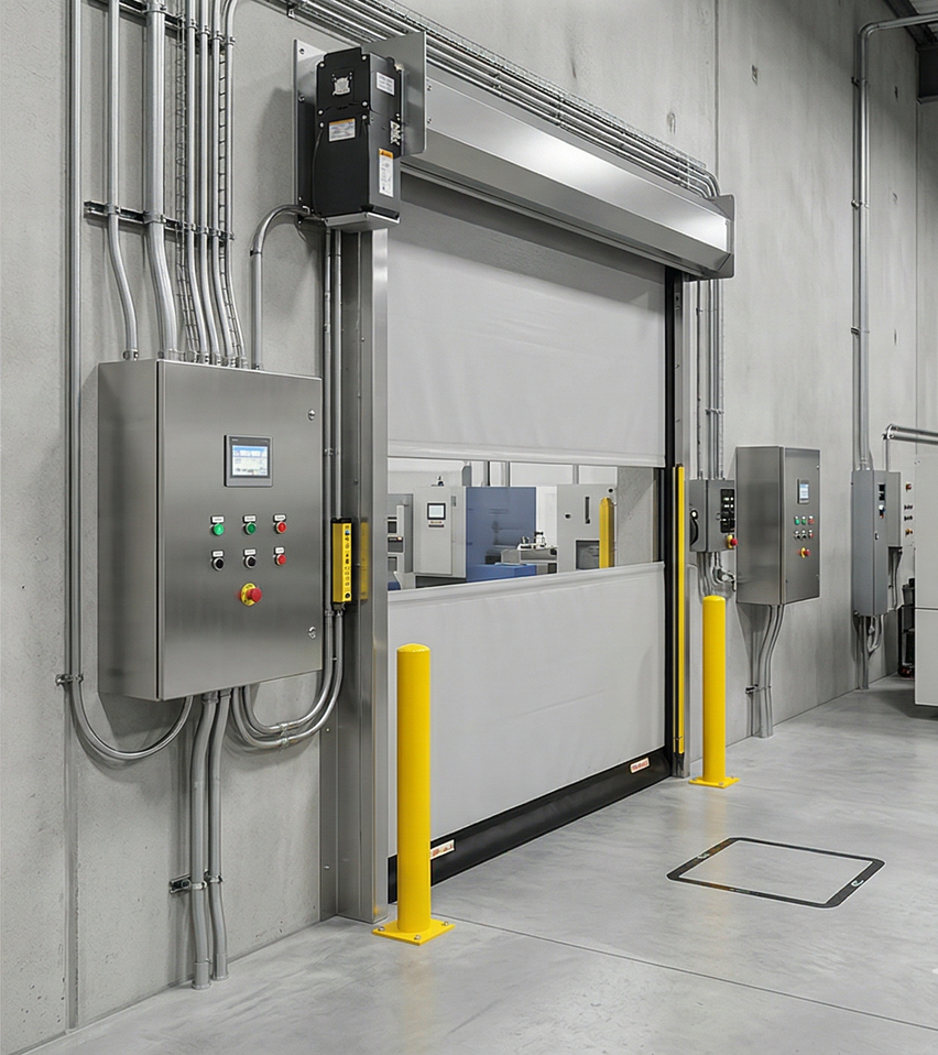 Industrial facility with a high-speed roll-up door, silver control panels, and yellow protective bollards.