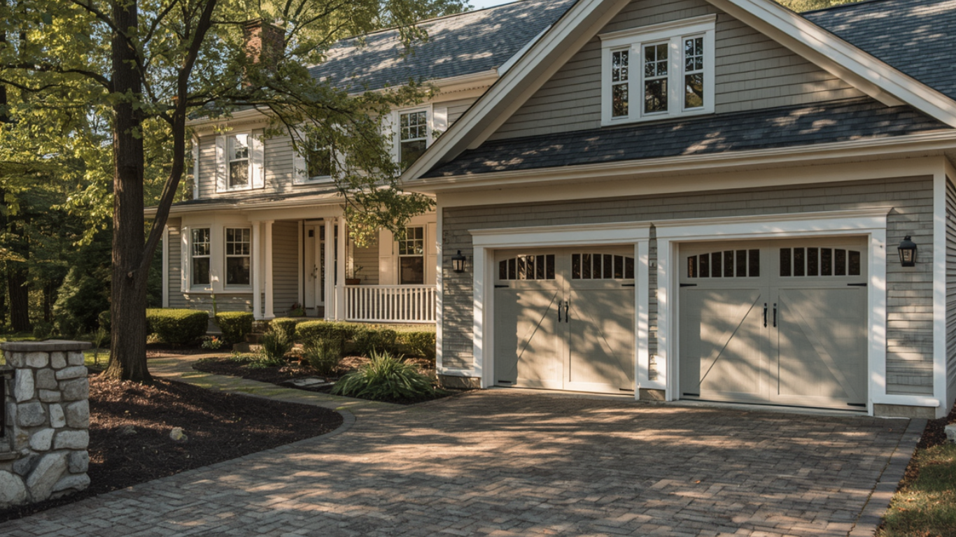 A two-story grey house with a paved driveway, featuring a two-car garage, white trim, and a small front porch.