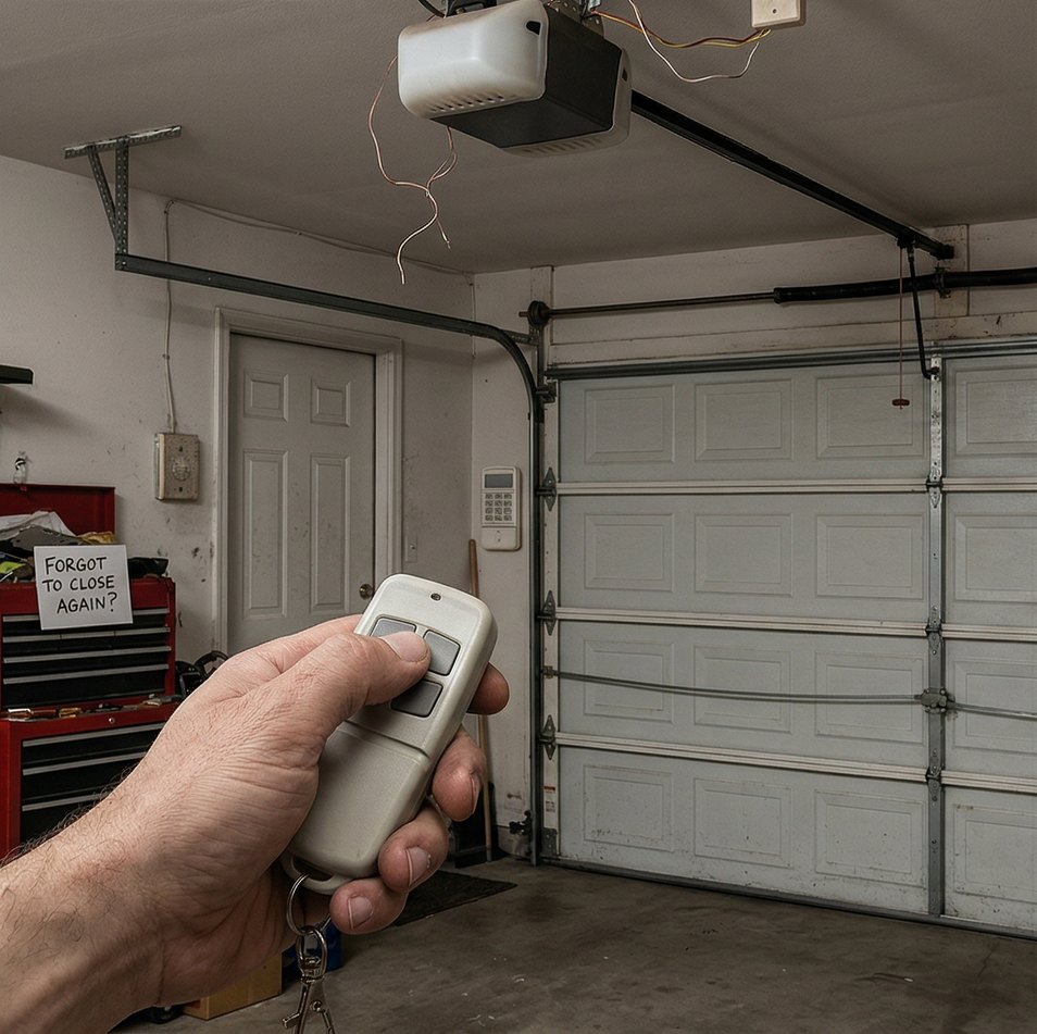 A hand holds a gray garage door remote control, pointing it toward a closed white sectional garage door in a garage.