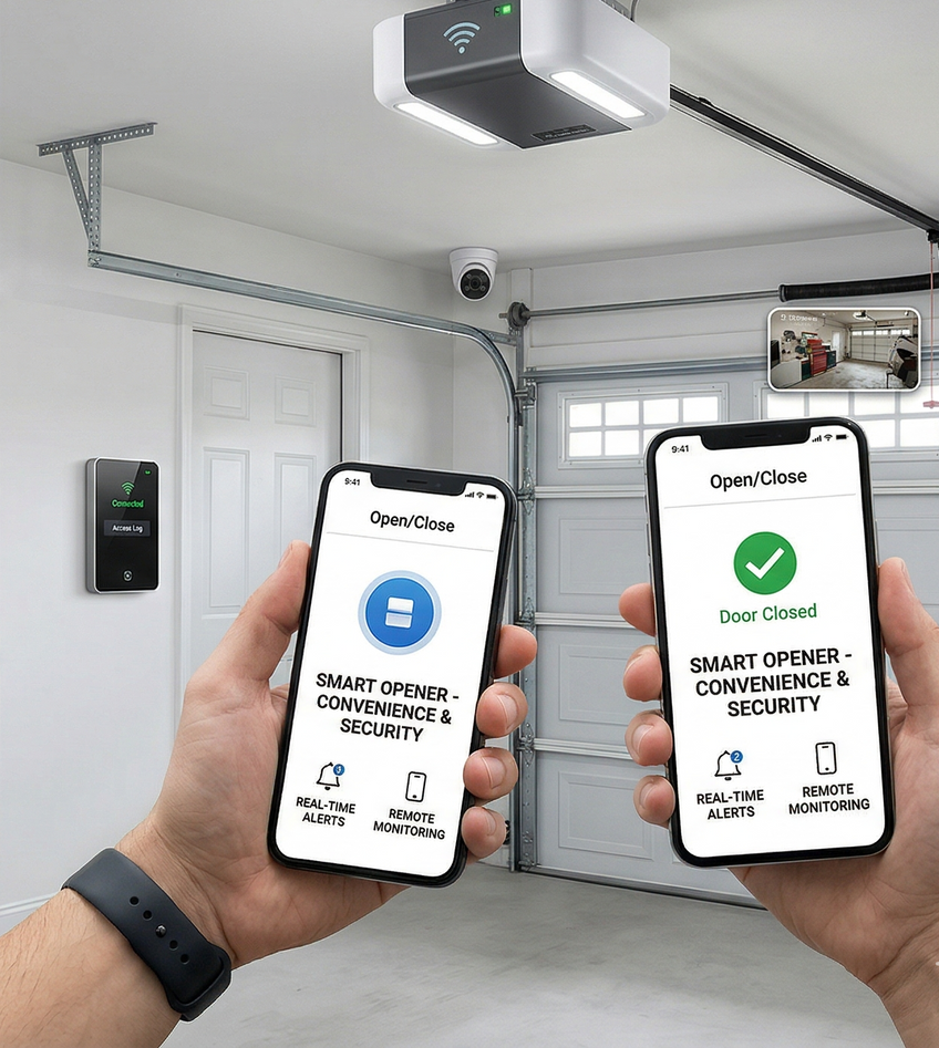 A person holds two smartphones showing a garage door app in a garage with a smart opener and security camera.
