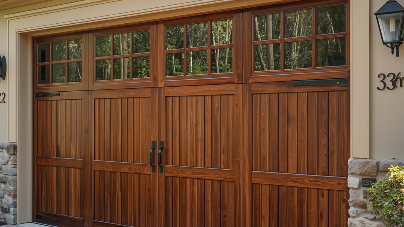 A wooden, multi-panel garage door featuring glass window panes and decorative black handles.