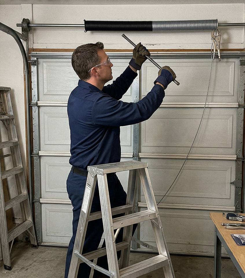 A person in a blue uniform and safety glasses standing on a stepladder, adjusting a garage door spring with a metal bar.