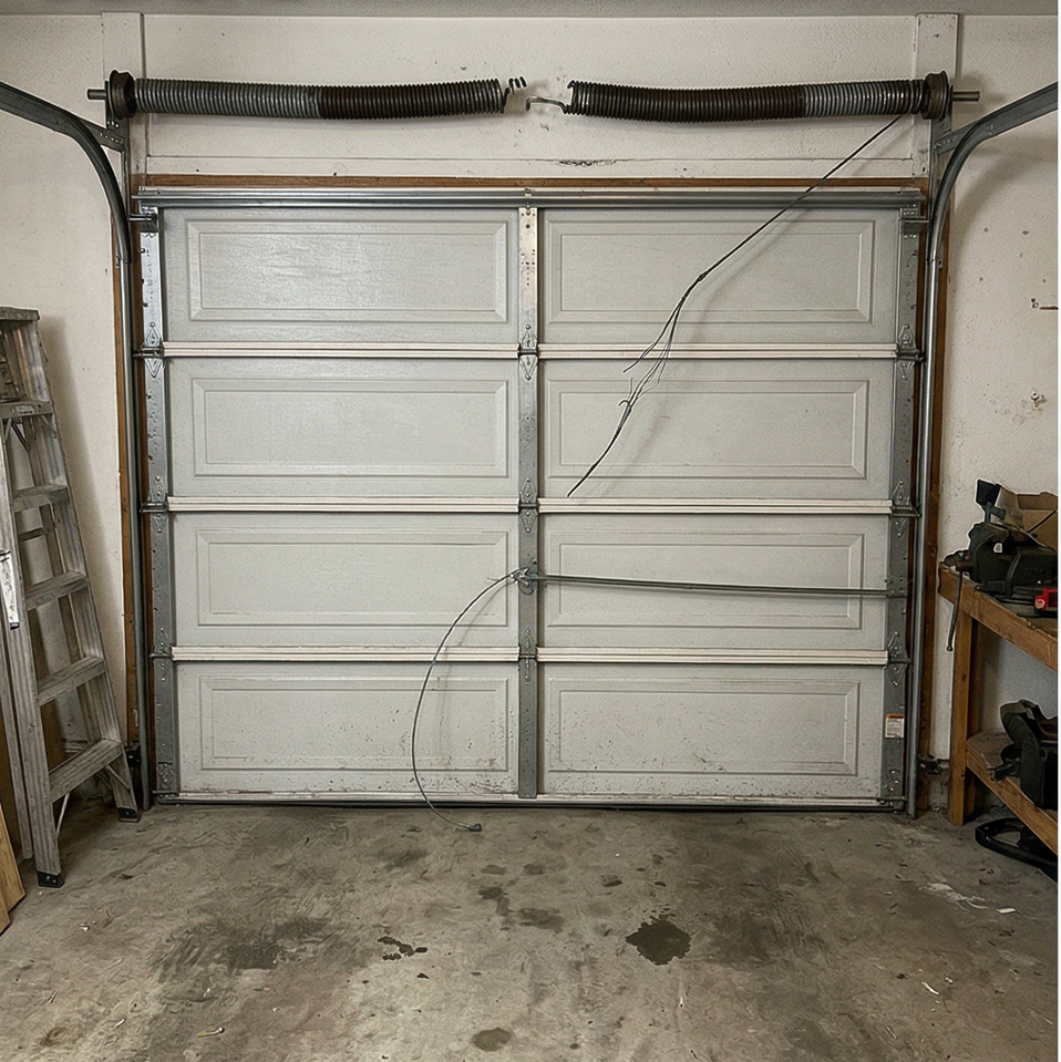 A garage door with a snapped torsion spring at the top and a dangling, loose cable hanging across the front panels.
