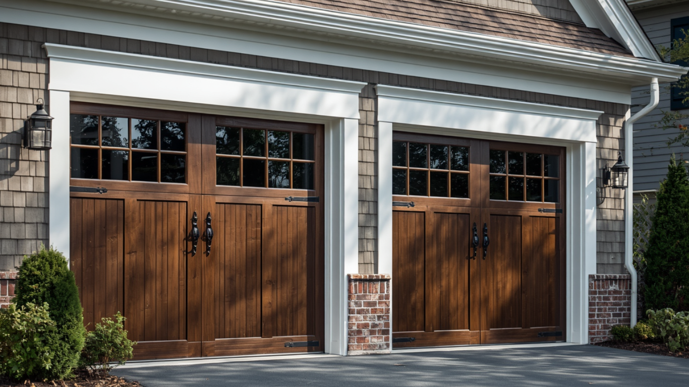 Two dark wood carriage-style garage doors with windows and black hardware on a shingled house exterior.