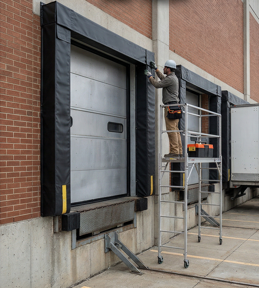 A worker in a hard hat standing on a mobile scaffold, installing or repairing black dock seals on a brick warehouse wall.
