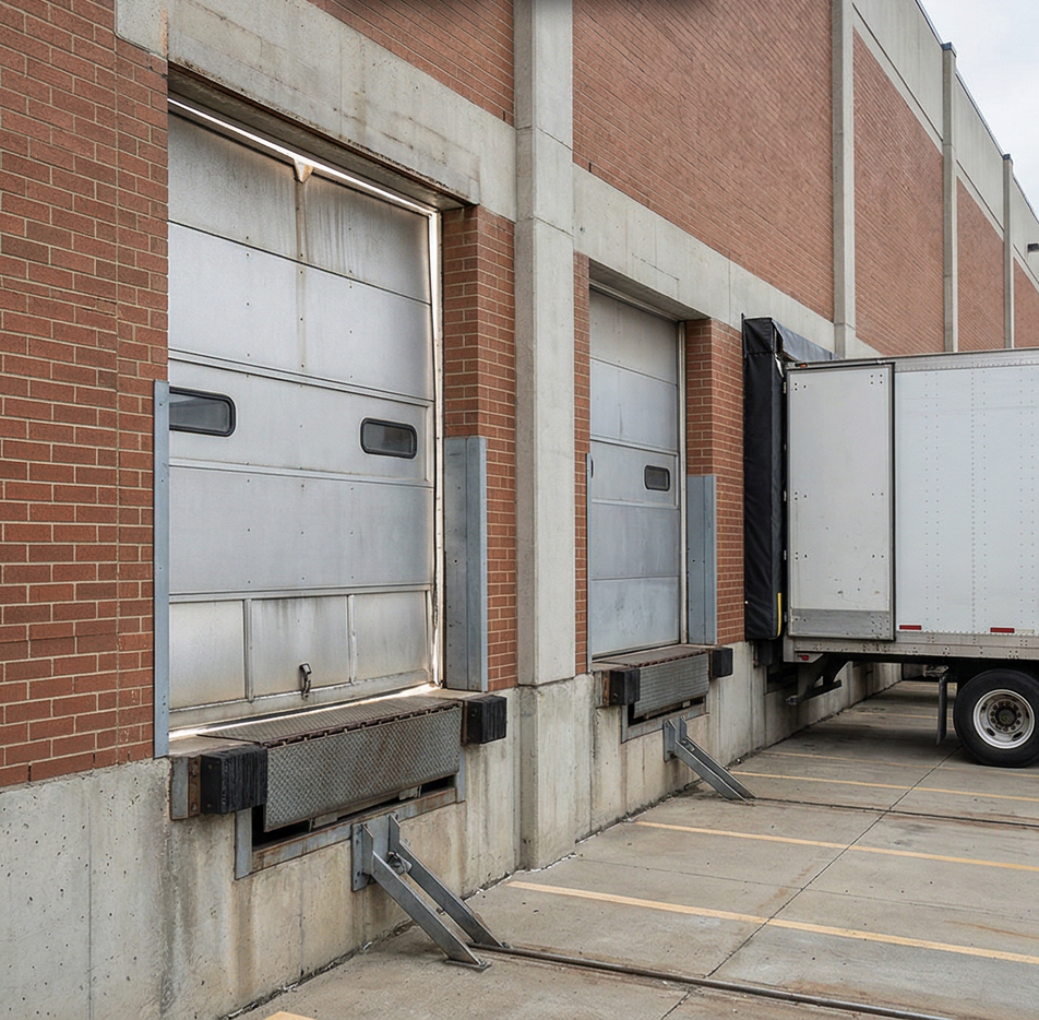 Two loading dock bays on a red brick building with silver doors and a parked semi-truck trailer attached to one.