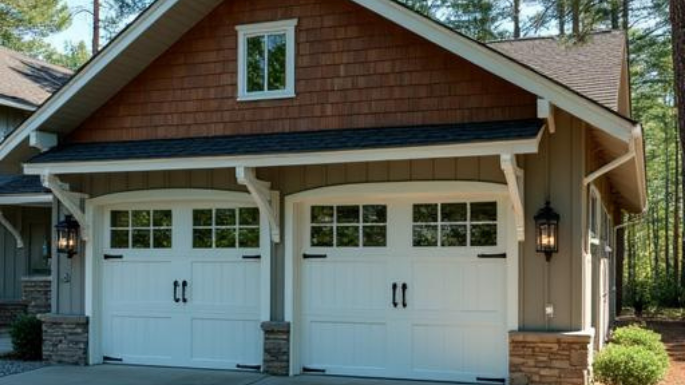 A detached two-car garage with white carriage-style doors, brown shingle siding, and stone accents under a gabled roof.