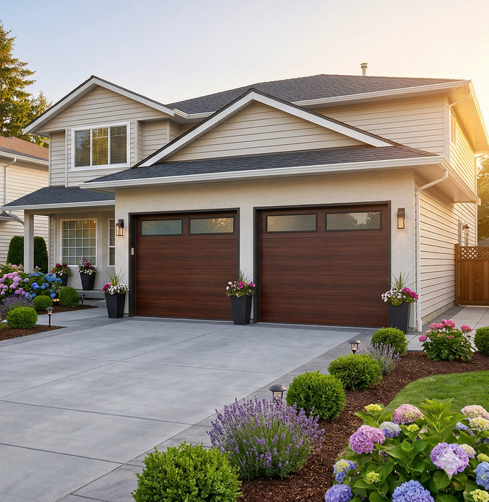 A tan two-story house with a two-car dark wood garage, concrete driveway, and landscaped front yard with flowers.