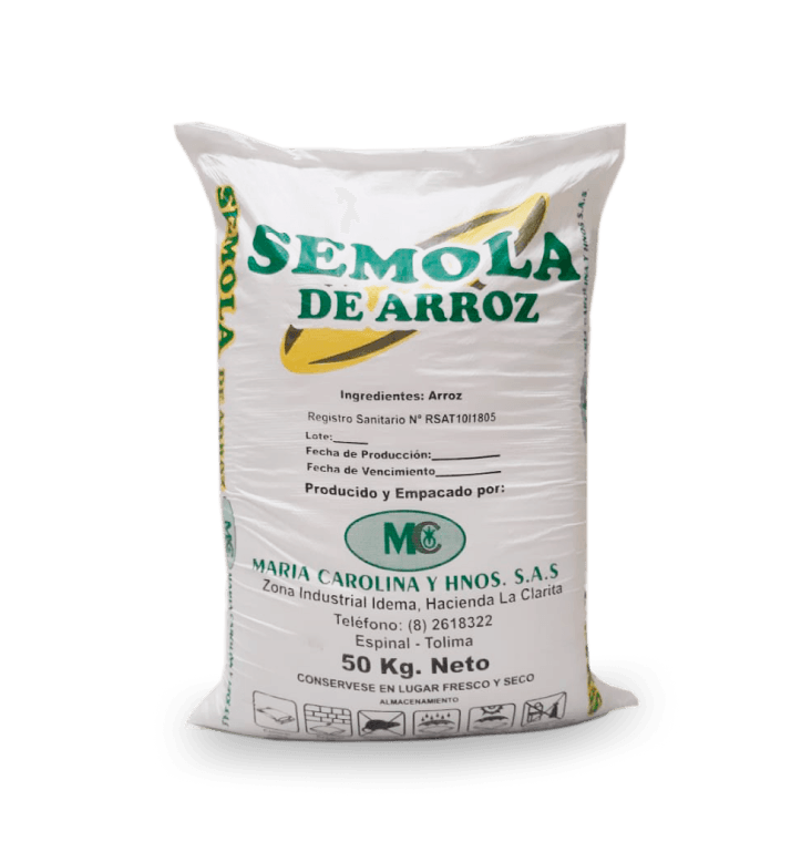 Una bolsa blanca que dice sémola de arroz.