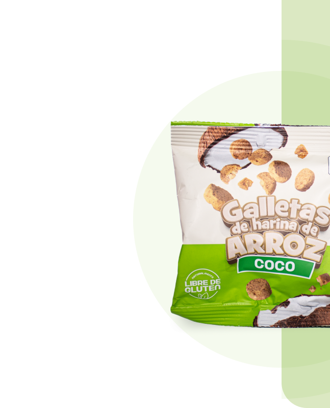 A bag of galletas de harina de arroz coco on a white background.