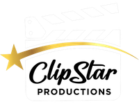 A clip star productions logo with a gold star on a white background.