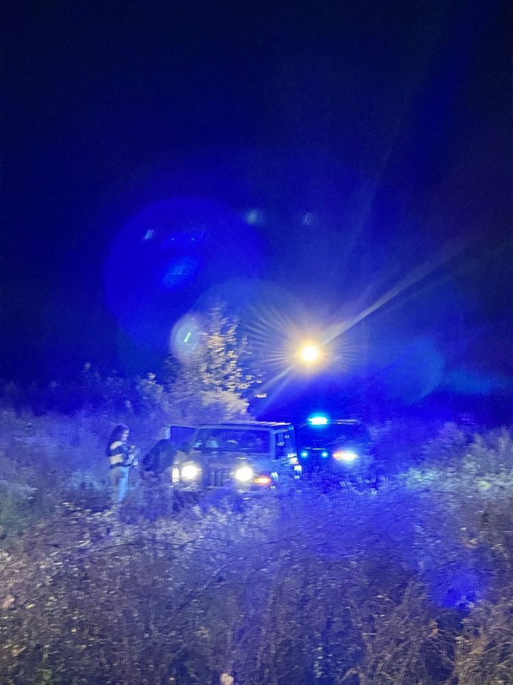 A group of police cars are parked in a field at night.