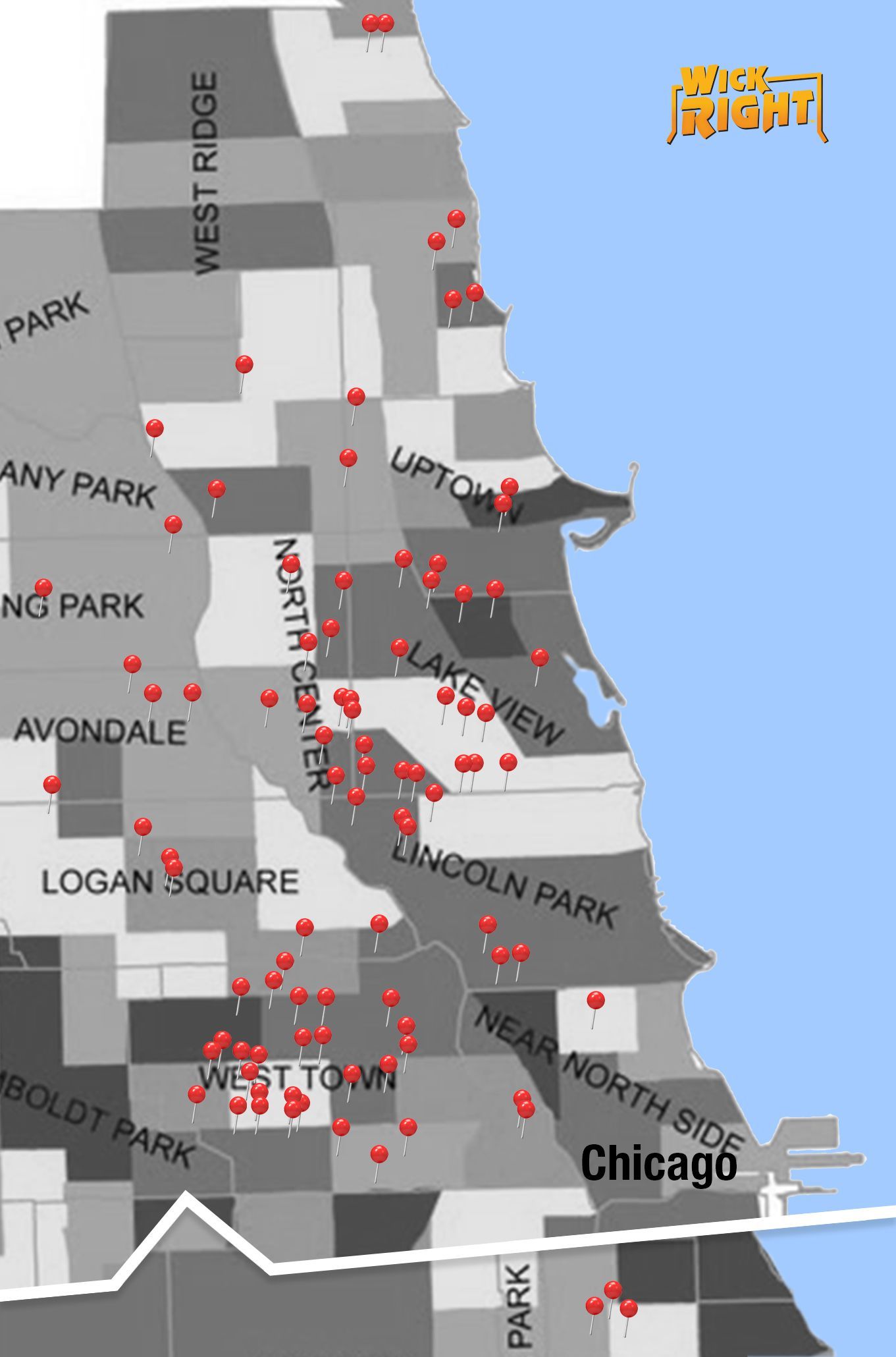 Chicago neighborhood map with red pins indicating WickRight installation and shading indicating asthma cases