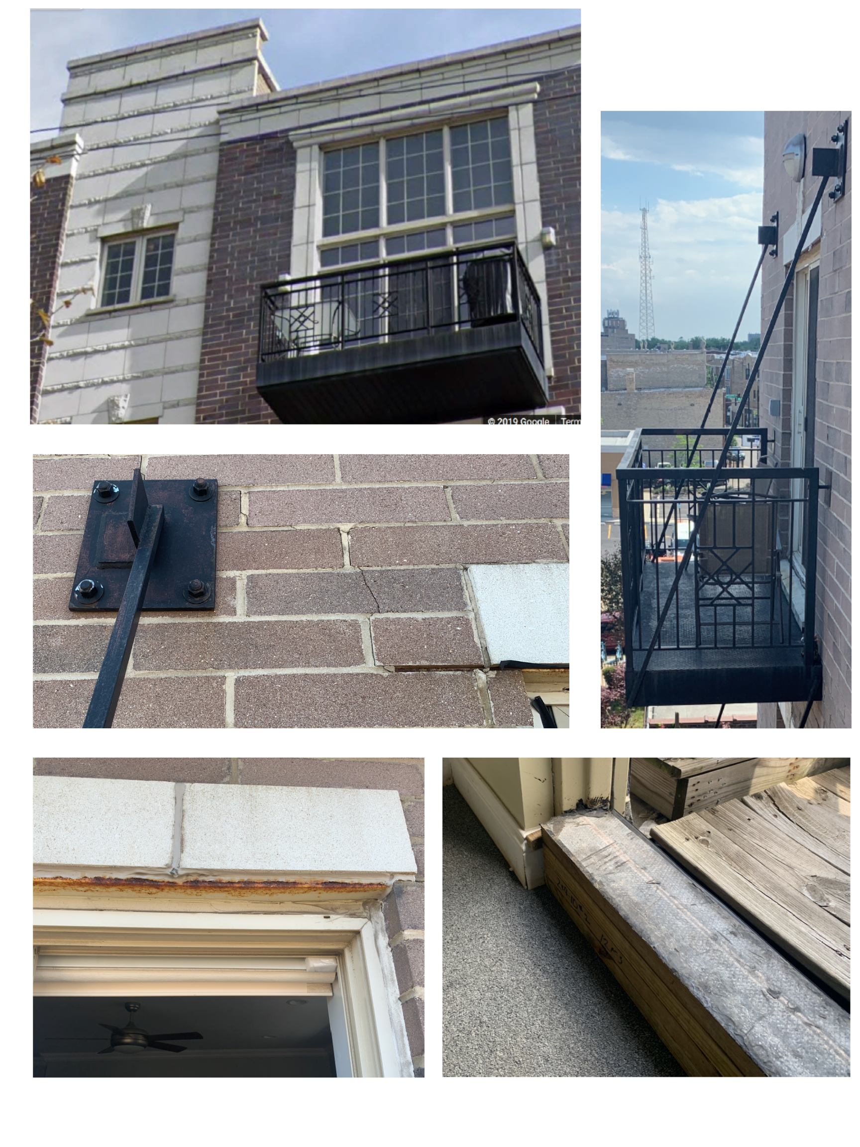Wet building parapet, failing masonry, rusty lintel, leaking door curb