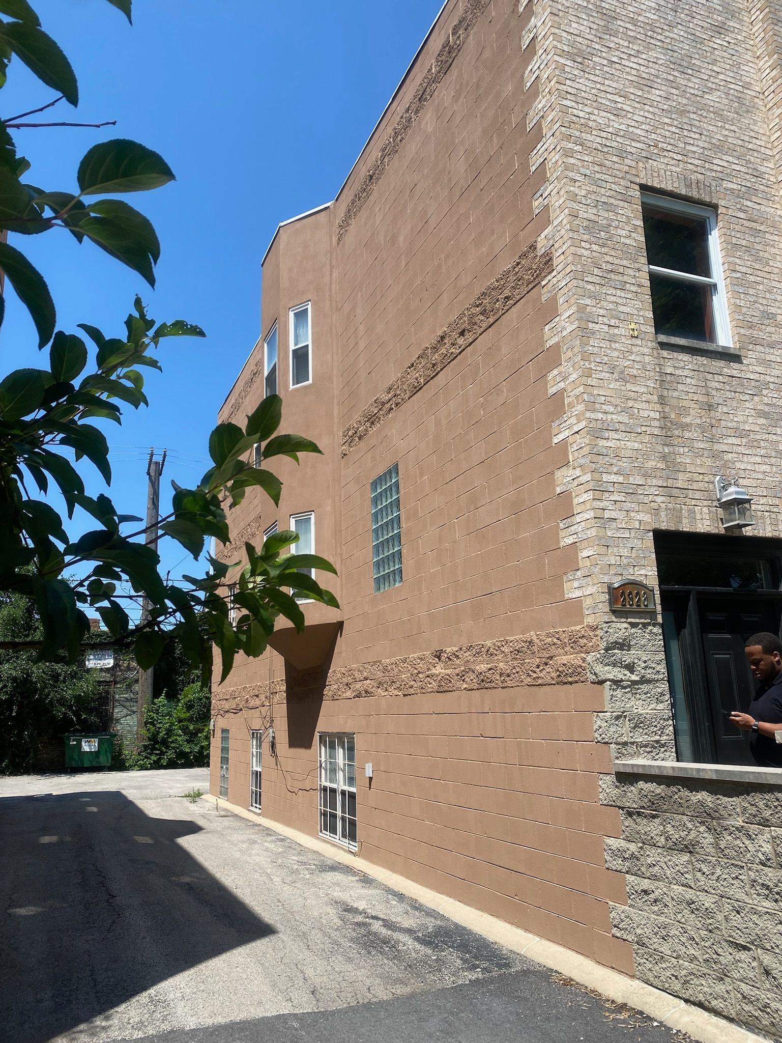 Front of brick apartment building in Logan Square