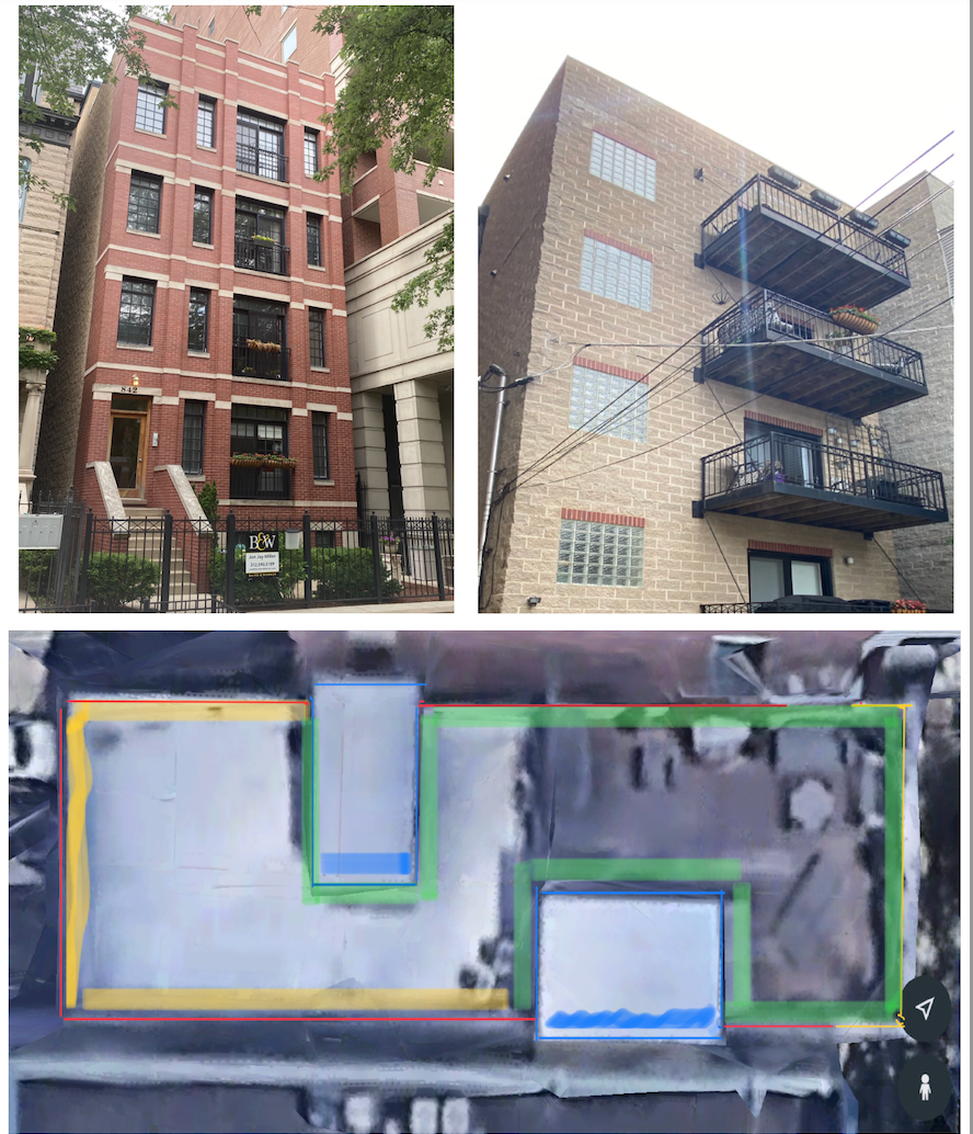 Brick buildings with fire escapes, plus an overhead view marked with colored repairboxes.