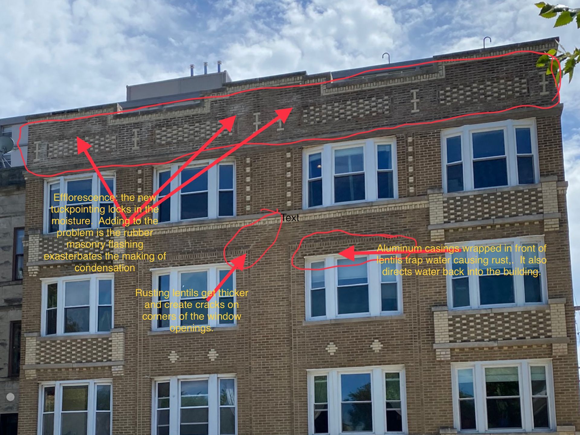 Diagnostic drawing on brick building in Uptown, Chicago. WickRight installed new window casings to stop leaks on all front elevation windows.