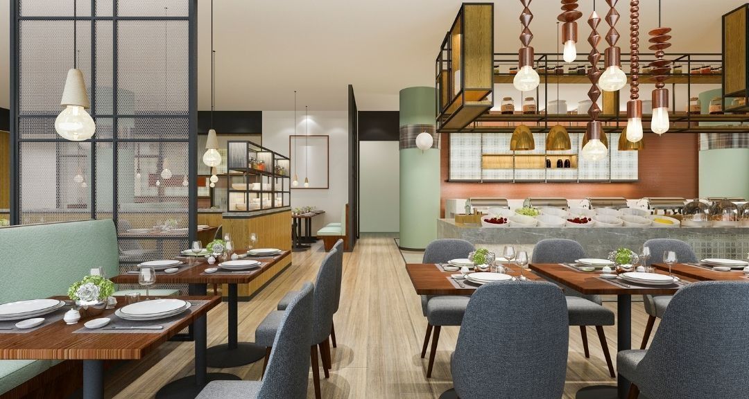 An artist 's impression of a restaurant with tables and chairs