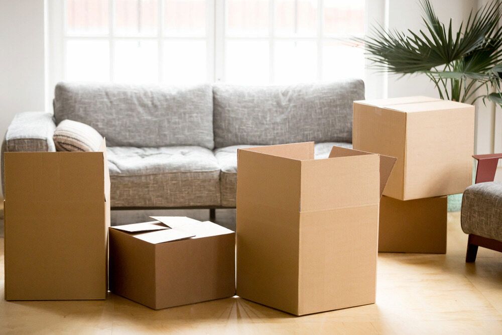 A Living Room Filled With Cardboard Boxes And A Couch — Newcastle Moving & Storage in Rutherford, NSW
