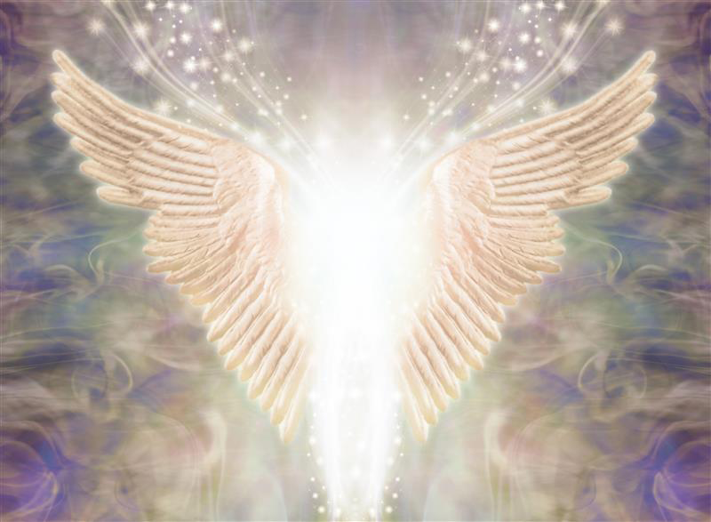 Glowing angel wings with bright light emanating from the center, set against a soft, ethereal background.