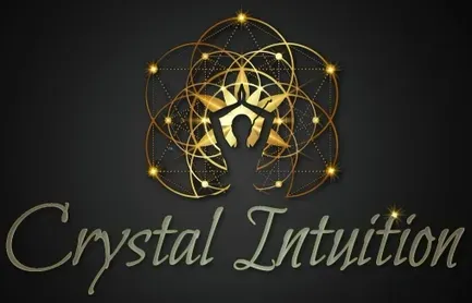 Logo: Gold silhouette of person meditating in a geometric design, over the words “Crystal Intuition”.