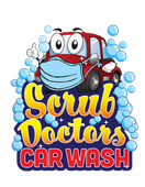 The logo for scrub doctors car wash shows a car wearing a mask and giving a thumbs up.