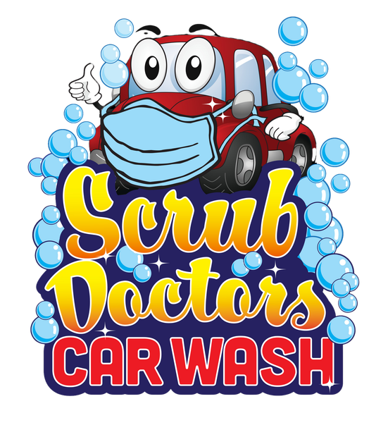 A logo for scrub doctors car wash with a cartoon car wearing a mask