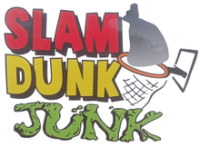 "Slam Dunk Junk" logo with basketball hoop and red, yellow, and green text.
