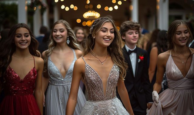 People in formal dresses and suits walk outside, smiling, at an evening event.