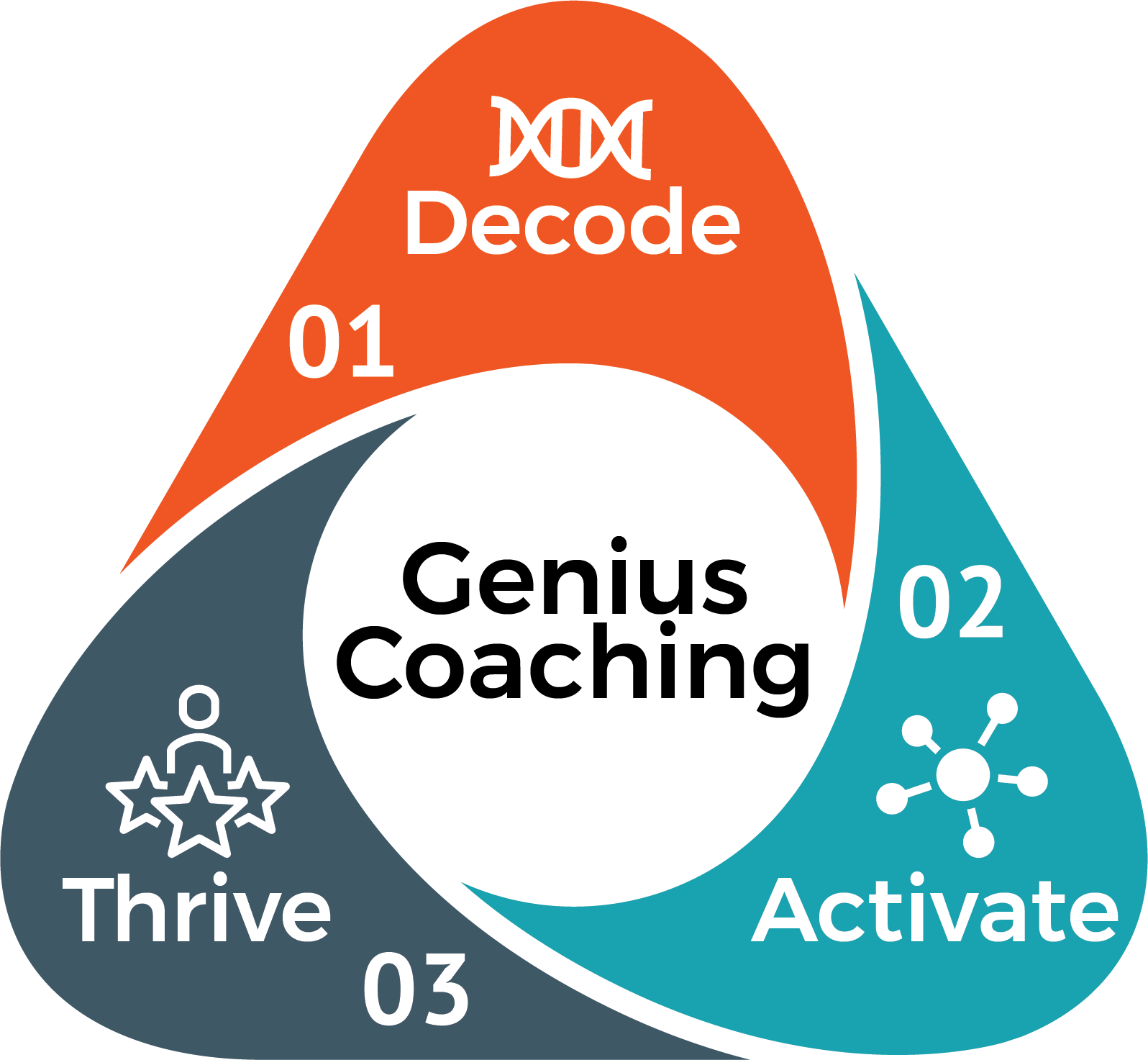 Diagram: Genius Coaching cycle with three stages: Decode, Activate, and Thrive, in orange, teal, and gray.