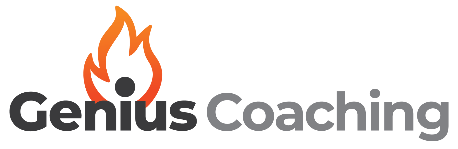 A logo for genius coaching with a flame and a person.
