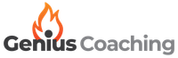 A logo for genius coaching with a flame and a person.