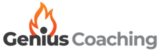A logo for genius coaching with a flame and a person.
