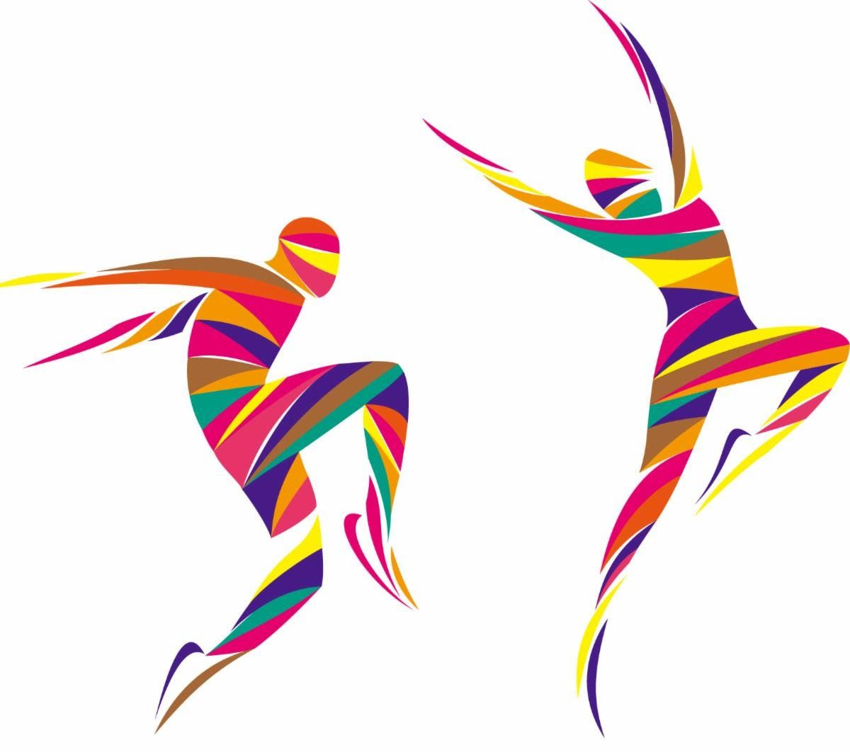 A colorful silhouette of two people dancing on a white background