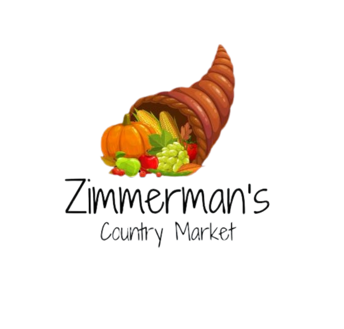 The logo for zimmerman 's country market shows a cornucopia filled with fruits and vegetables.
