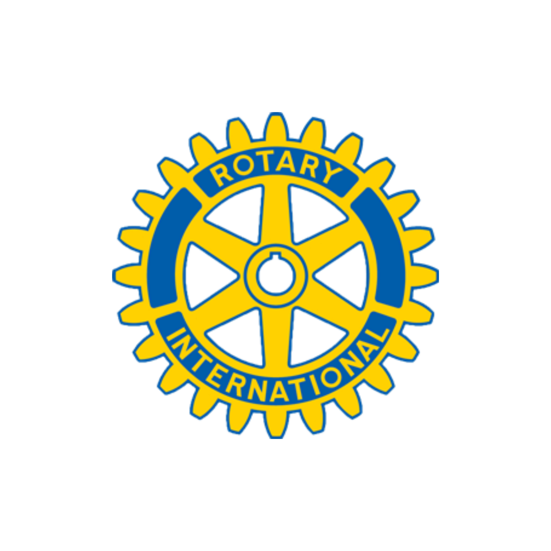 A yellow and blue rotary international logo on a white background