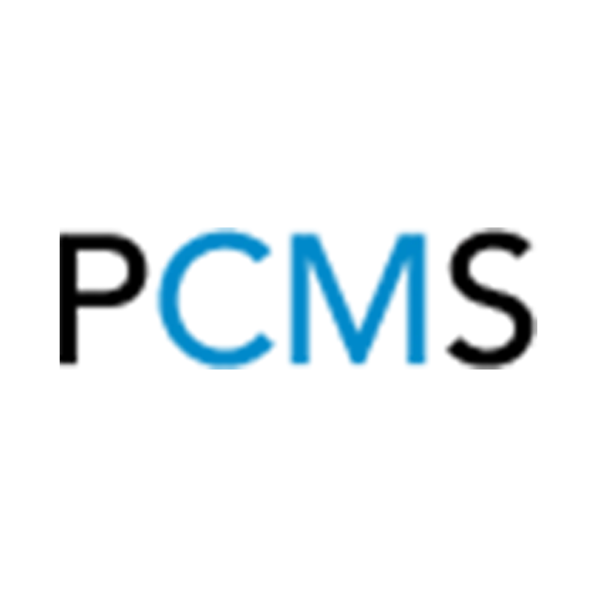 A blue and black logo for pcms on a white background