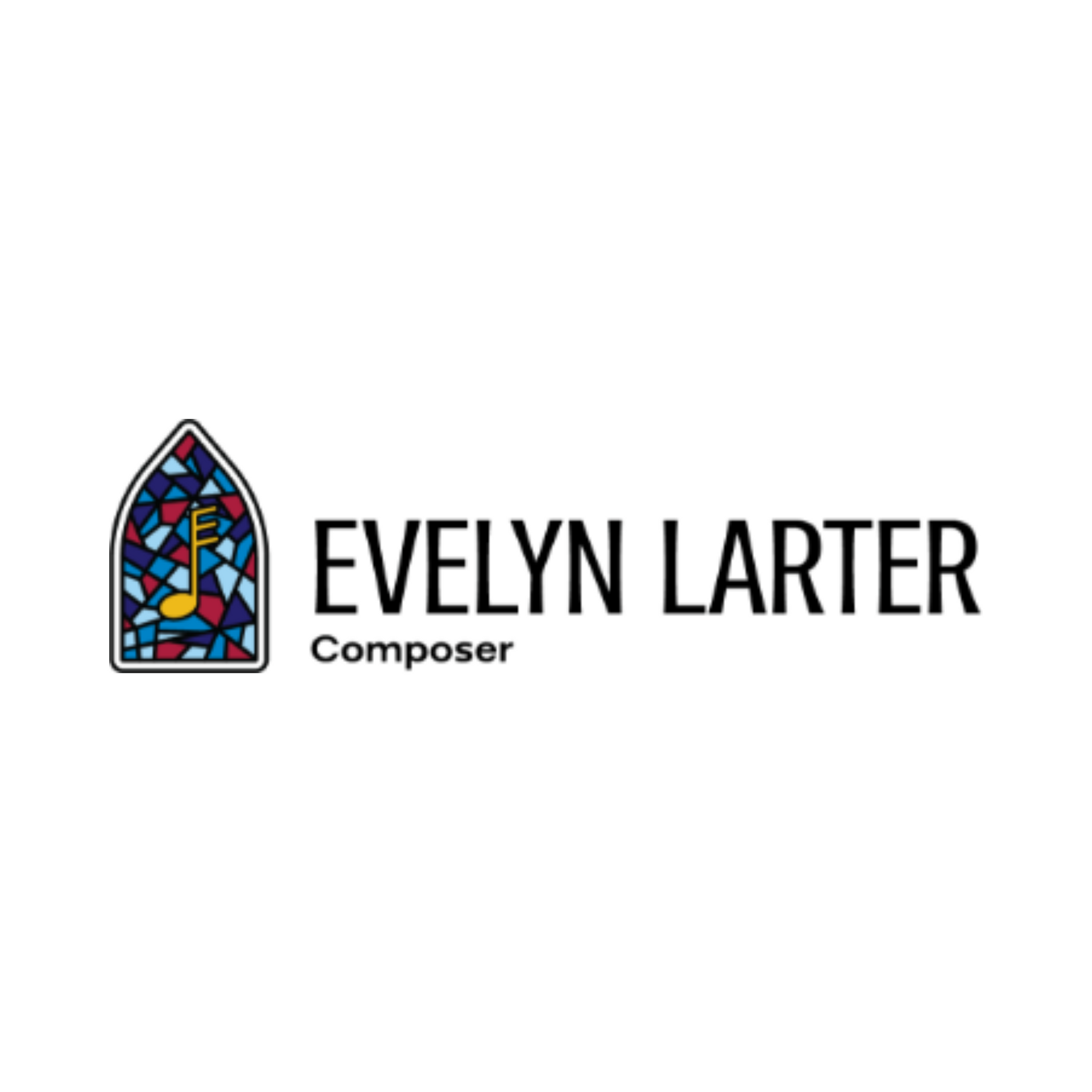 A logo for evelyn larter composer with a stained glass window.