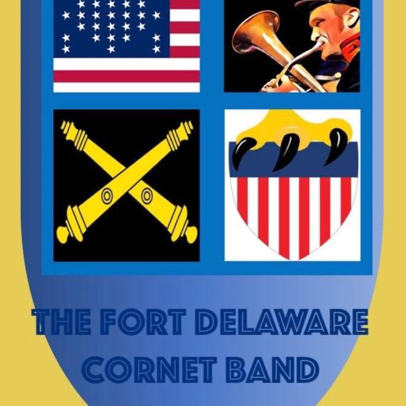 Logo for Fort Delaware Cornet Band with flags, armaments, musician.