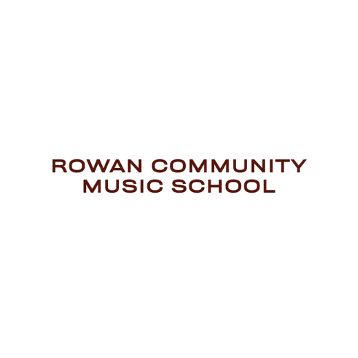 A brown and white logo for rowan community music school on a white background.