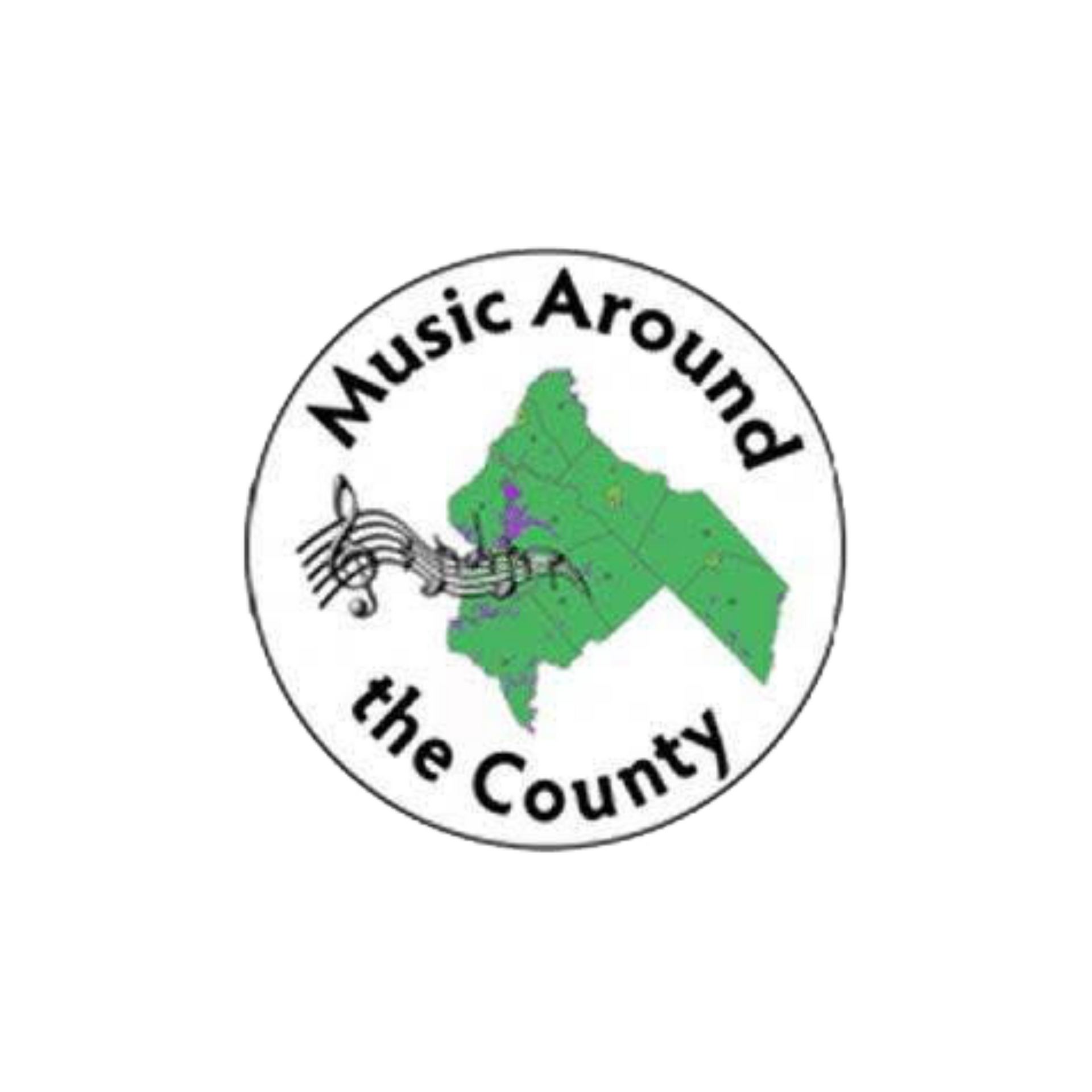 A logo for music around the county with a map of the county.