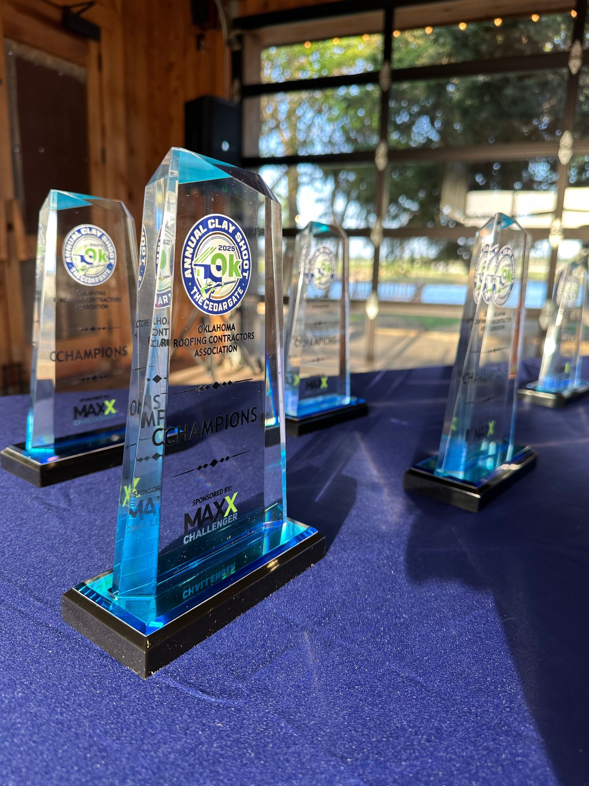 Trophies with blue accents on a table, with a glass door and outdoor background.