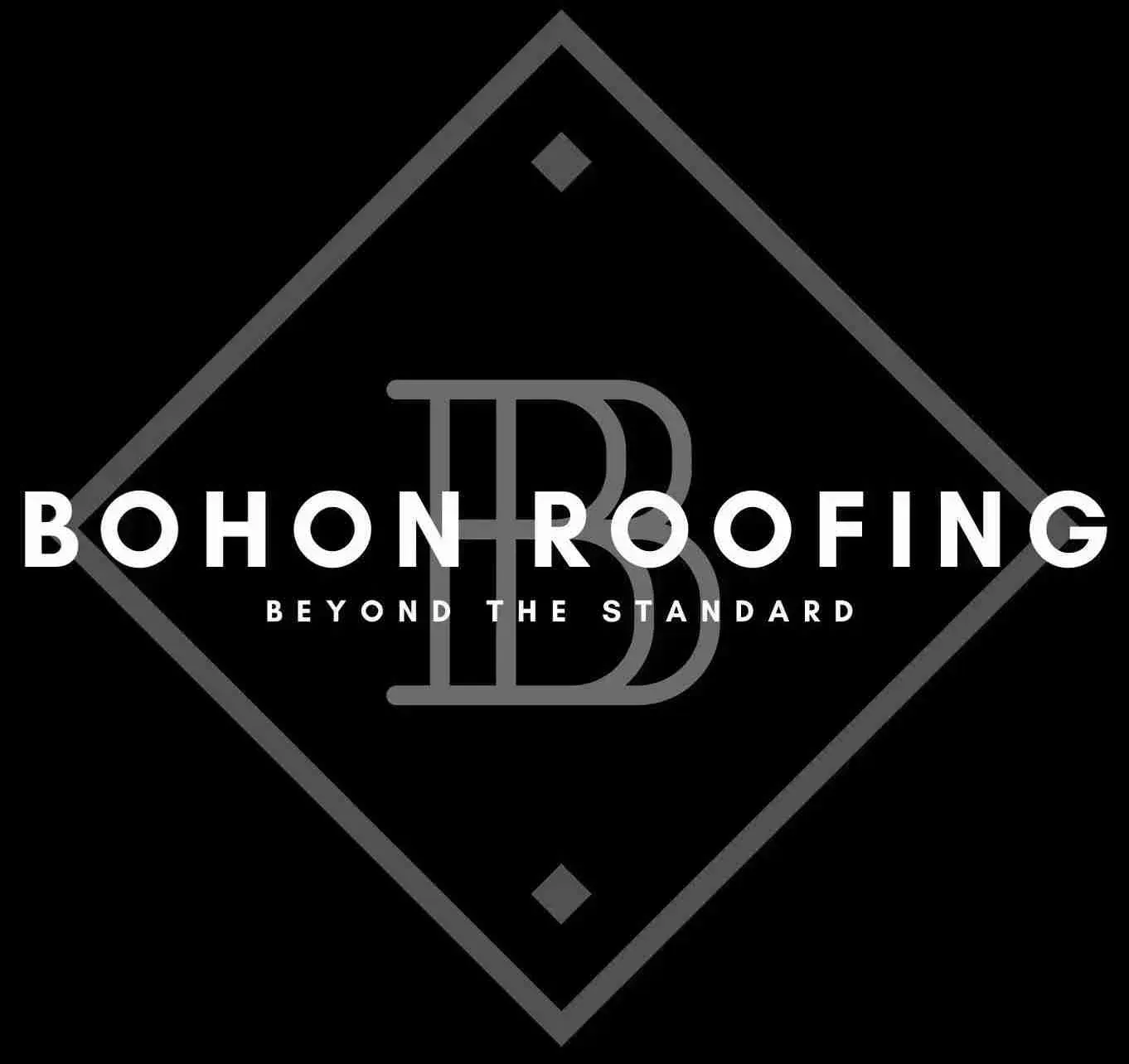 Logo for Bohon Roofing: white text "BOHON ROOFING" and "BEYOND THE STANDARD" inside a gray diamond on a black background.