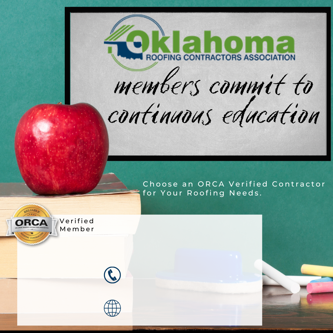 An advertisement for Oklahoma Roofing Contractors Association, showing a red apple, books, and chalk.