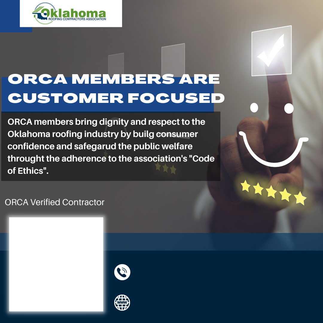 An advertisement for ORCA roofing members. A hand touches a check mark above a smiley face with five stars.