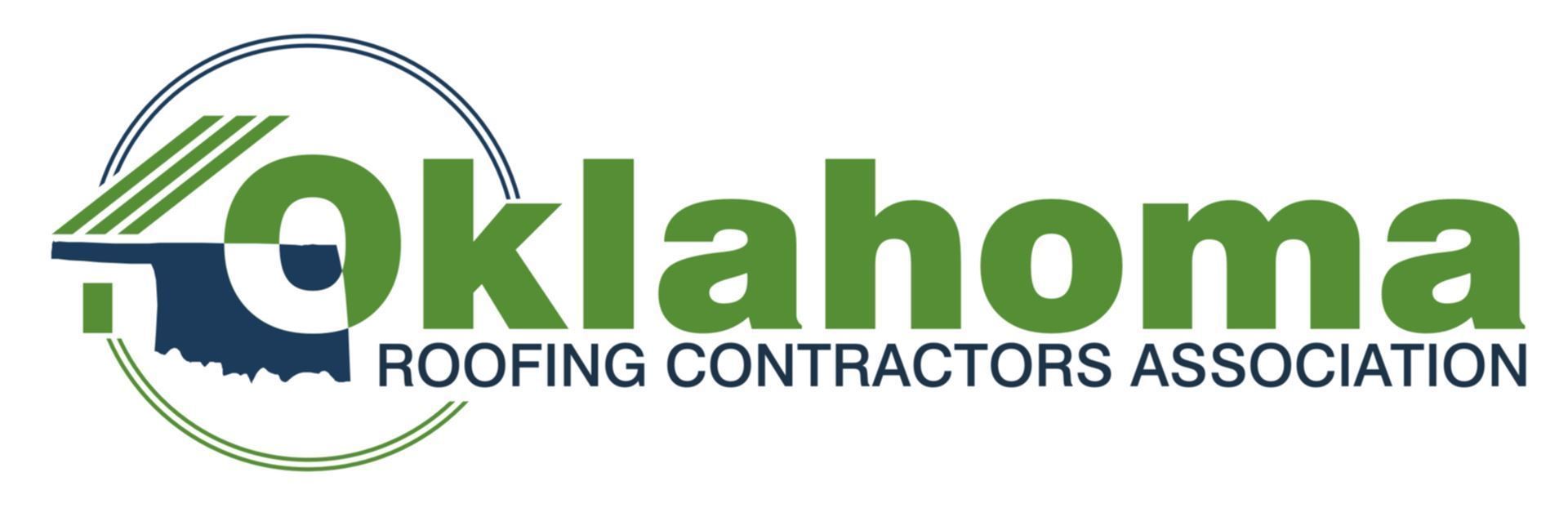 Logo for the Oklahoma Roofing Contractors Association, green text and symbol, state of Oklahoma in dark blue.