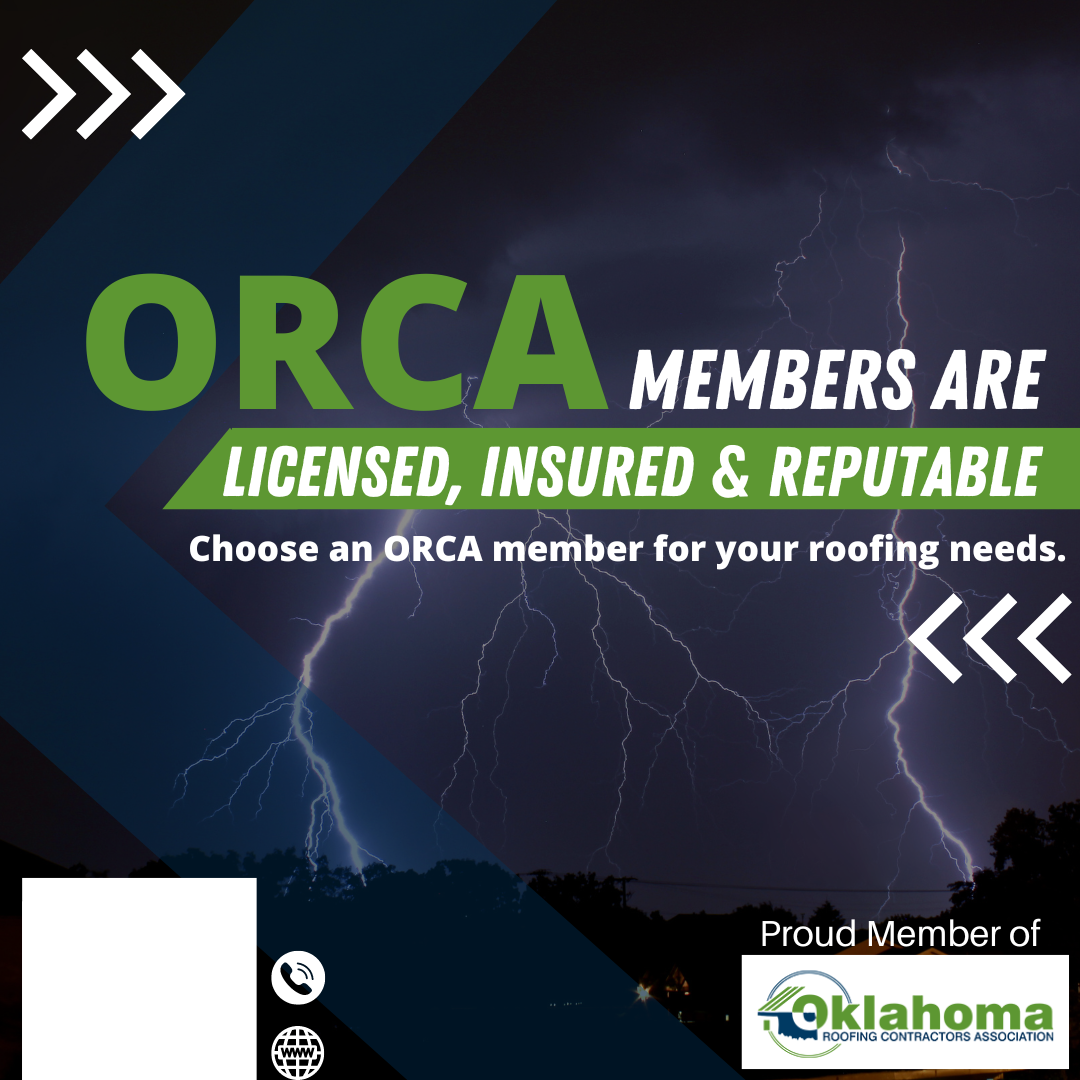 Advertisement for ORCA roofing members: licensed, insured, and reputable. Lightning strikes over a dark cityscape.