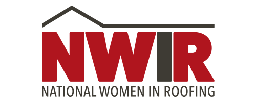 Logo for National Women in Roofing: red "NWIR" text under a roof graphic, with the text "NATIONAL WOMEN IN ROOFING".