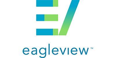 EagleView logo with stylized "E" and angled line; teal and green color scheme; "eagleview" text below.